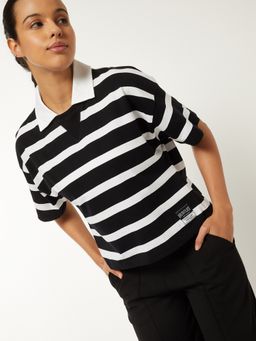 max - Women Black Pure Cotton Stripes Regular T-Shirt