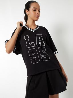 max - Women Black Polyester Blend Typography Regular T-Shirt