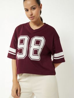 max - Women Wine Pure Cotton Typography Regular T-Shirt