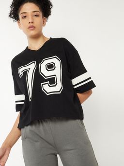 max - Women Black Pure Cotton Typography Regular T-Shirt