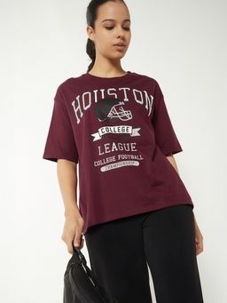 max - Women Wine Pure Cotton Typography Regular T-Shirt