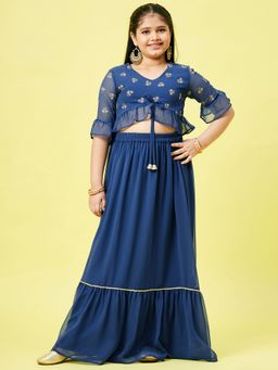 Stylo Bug - Girls Foil Work Printed V Neck Layered Lehenga Blue (Set of 2)