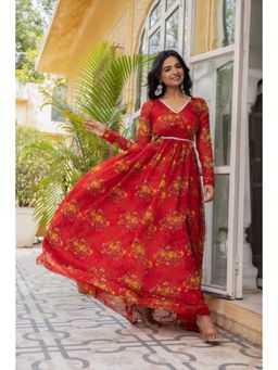 DEASHA INDIA - Rea Red Floral Printed Slits On Waist Maxi Dress