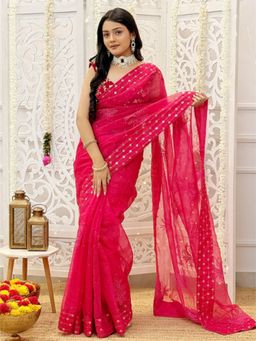 The Chikan Label - Mishika Semi Organza Chikankari Mukaish Work Pink Saree with Unstitched Blouse