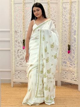 The Chikan Label - Aviya Chanderi Chikankari White Saree with Unstitched Blouse