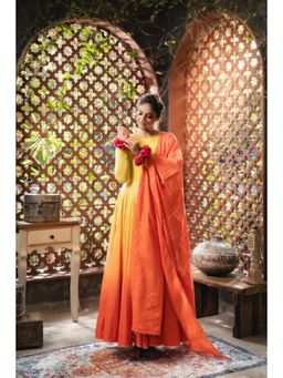 Taraasi - Meher' Yellow and Ombre Mulmul Cotton Anarkali