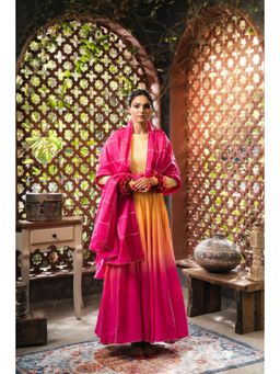 Taraasi - Seher' Yellow and Pink Ombre Mulmul Cotton Anarkali