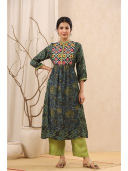 Kameez - Dark Green Printed Muslin Embroidered Kurta (Set of 2)