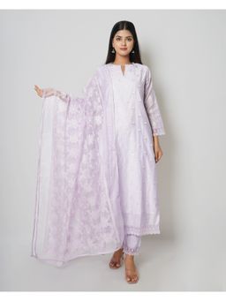 Kameez - Lavender Floral Embroidered Chanderi Kurta With Cotton Pants & Dupatta (Set of 3)