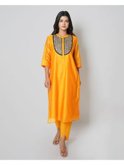 Kameez - Orange Marori Work Chanderi Kurta With Cotton Pants (Set of 2)