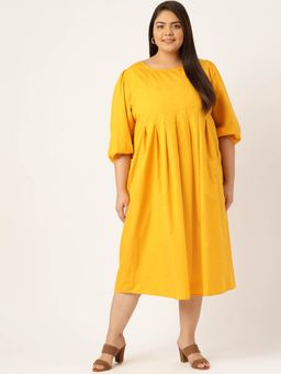 theRebelinme - Womens Mustard Solid Color Front-pleated A-line Midi Dress