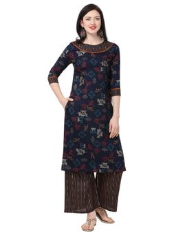 Shopping Queen - Navy Blue Printed Rayon Kurta and Palazzo