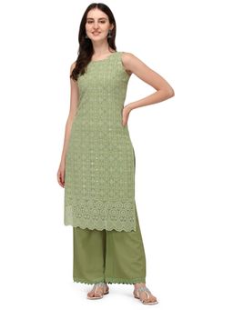 Shopping Queen - Dusty Green Schiffler Georgette Kurta and Palazzo