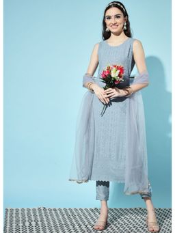 Shopping Queen - Dusty Blue Embroidered Silk Blend Kurta with Pant and Dupatta