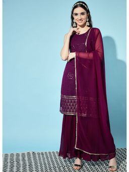 Shopping Queen - Wine Embroidered Georgette Kurta with Sharara and Dupatta