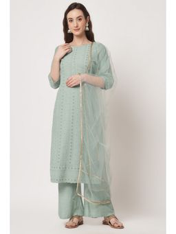 Shopping Queen - Pista Embroidered Silk Blend Kurta with Palazzo and Dupatta