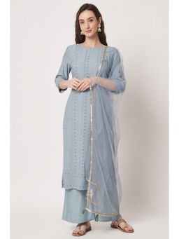 Shopping Queen - Sky Blue Embroidered Silk Blend Kurta with Palazzo and Dupatta