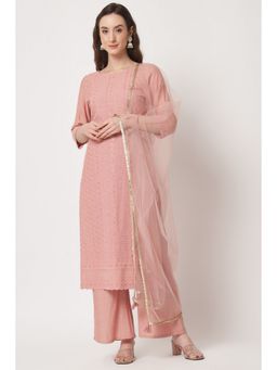 Shopping Queen - Peach Embroidered Silk Blend Kurta with Palazzo and Dupatta