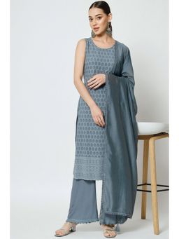 Shopping Queen - Dusty Grey Embroidered Rayon Kurta with Palazzo and Dupatta