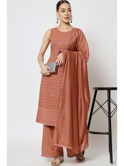 Shopping Queen - Rust Orange Embroidered Rayon Kurta with Palazzo and Dupatta