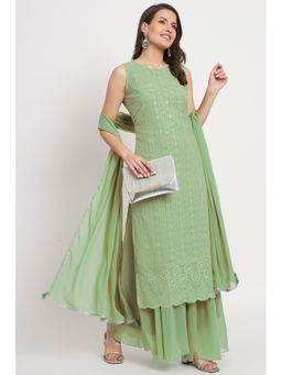 Shopping Queen - Dusty Green Embroidered Georgette Kurta with Palazzo and Dupatta