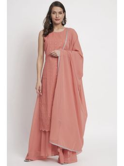 Shopping Queen - Dusty Orange Embroidered Georgette Kurta with Palazzo and Dupatta