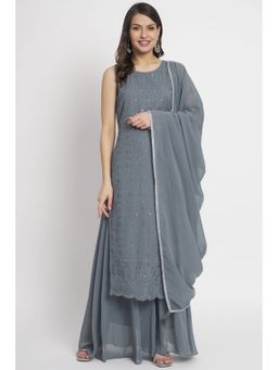 Shopping Queen - Dusty Grey Embroidered Georgette Kurta with Palazzo and Dupatta