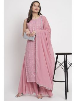 Shopping Queen - Dusty Pink Embroidered Georgette Kurta with Palazzo and Dupatta