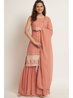 Shopping Queen - Peach Embroidered Georgette Kurta with Sharara and Dupatta