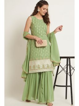 Shopping Queen - Pista Embroidered Georgette Kurta with Sharara and Dupatta