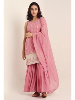 Shopping Queen - Flamingo Pink Embroidered Georgette Kurta with Sharara and Dupatta