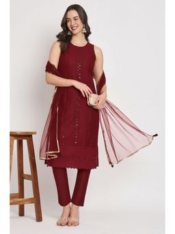 Shopping Queen - Maroon Embroidered Silk Blend Kurta with Pant and Dupatta