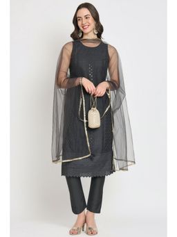 Shopping Queen - Charcoal Grey Embroidered Silk Blend Kurta with Pant and Dupatta