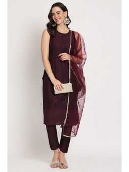 Shopping Queen - Wine Embroidered Silk Blend Kurta with Pant and Dupatta