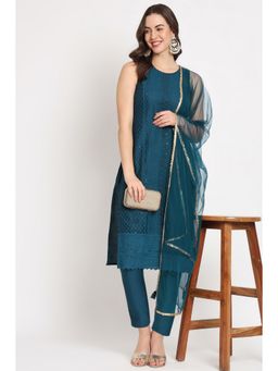 Shopping Queen - Peacock Blue Embroidered Silk Blend Kurta with Pant and Dupatta