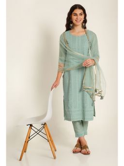 Shopping Queen - Emerald Green Embroidered Silk Blend Kurta with Pant and Dupatta