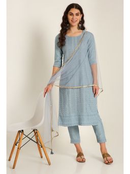 Shopping Queen - Sky Blue Embroidered Silk Blend Kurta with Pant and Dupatta