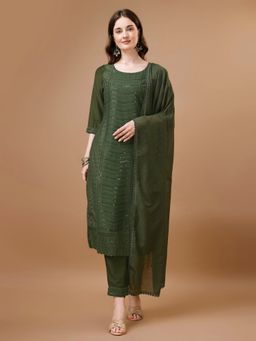 Shopping Queen - Olive Green Embroidered Silk Blend Kurta with Pant and Dupatta