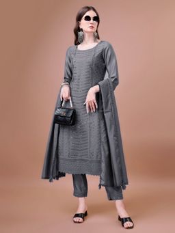 Shopping Queen - Dim Grey Embroidered Silk Blend Kurta with Pant and Dupatta