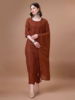 Shopping Queen - Amber Rust Embroidered Silk Blend Kurta with Pant and Dupatta
