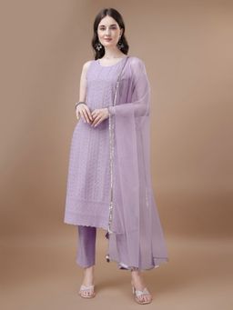 Shopping Queen - Lavender Embroidered Silk Blend Kurta with Pant and Dupatta