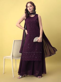 Shopping Queen - Wine Embroidered Georgette Kurta with Palazzo and Dupatta