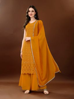 Shopping Queen - Gold Mustard Embroidered Georgette Kurta with Palazzo and Dupatta