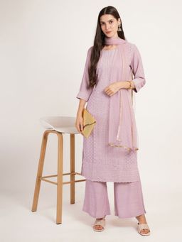 Shopping Queen - Lavender Embroidered Silk Blend Kurta with Palazzo and Dupatta