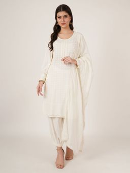 Shopping Queen - Off White Embroidered Rayon Kurta with Pant and Dupatta