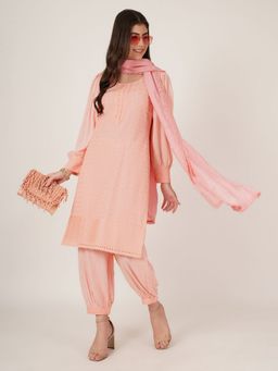 Shopping Queen - Blushing Peach Embroidered Rayon Kurta with Pant and Dupatta