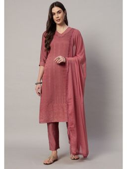 Shopping Queen - Dusty Rust Embroidered Silk Blend Kurta with Pant and Dupatta