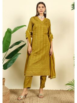Shopping Queen - Mustard Embroidered Silk Blend Kurta with Pant and Dupatta