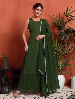 Shopping Queen - Forest Green Embroidered Georgette Kurta with Palazzo and Dupatta