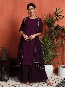 Shopping Queen - Wine Embroidered Georgette Kurta with Palazzo and Dupatta